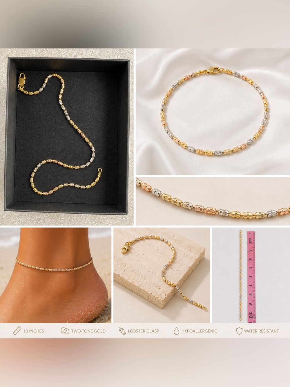 TriTone Gold Beaded Anklet 10”